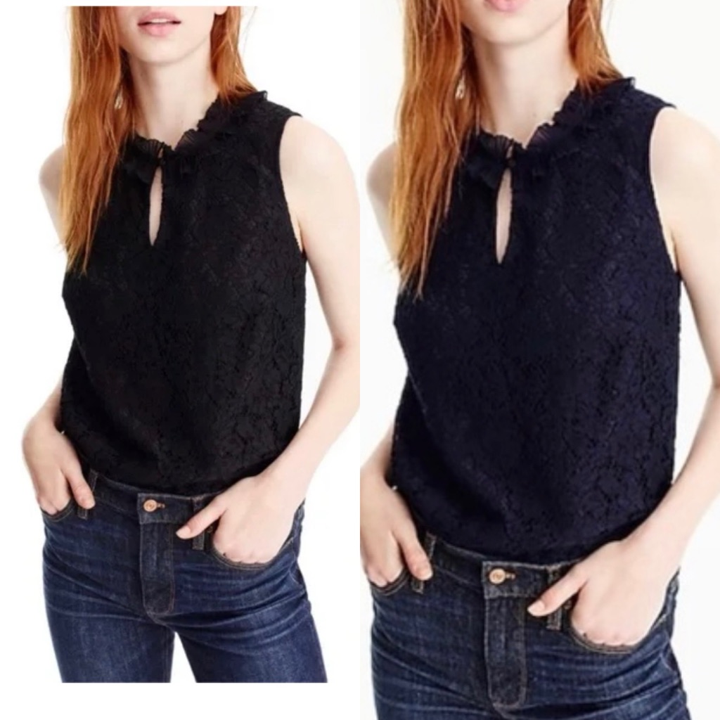 J Crew Lot Of 2 Lace Ruffle Pleated Neck Blouse Top Women’s Small Nwt Black Navy
